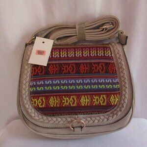 Boho Saddle Bag Womens Crossbody Purse Beige Embroidered Tribal Pattern Flap